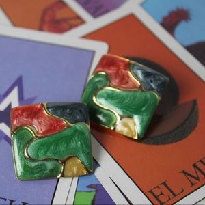 VTG 80s square enamel gold Earrings